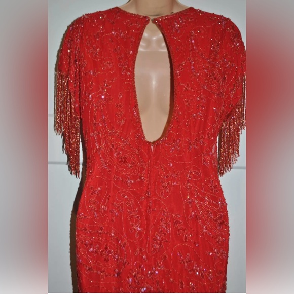 CASINO NITE Vintage 100% Silk Red Fringe Sequin Beaded Cocktail Party Dress M/L - Picture 3 of 4